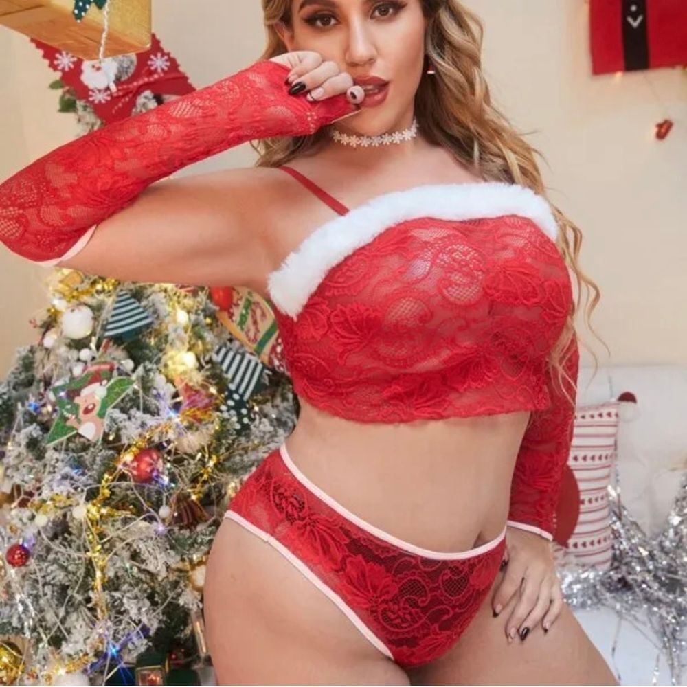 4pack Plus Size Lace Fuzzy Trim Christmas Costumes Lingerie Set One Pair Sleeve